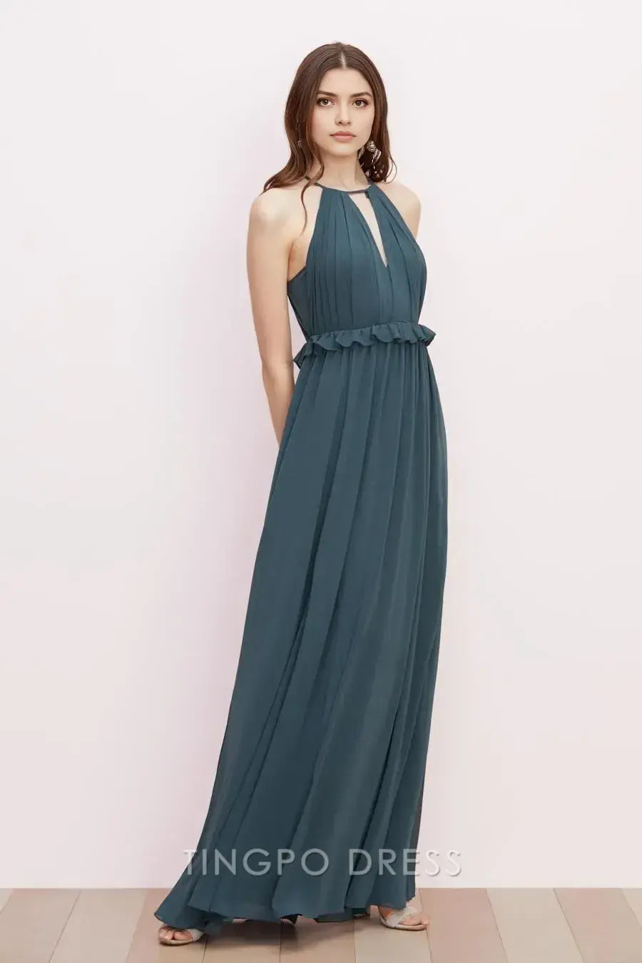 TingPo Wholesale Elegant Halter Keyhole Dress - Teal Green Ruffled Waist Maxi Evening Gown